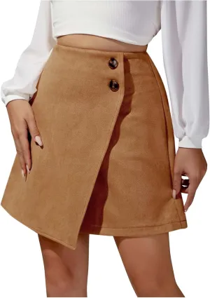 Women's Mini Short Wrap High Waisted A-Line Skirt Fashion Casual Comfortable Solid Color Irregular Button Down Skirts
