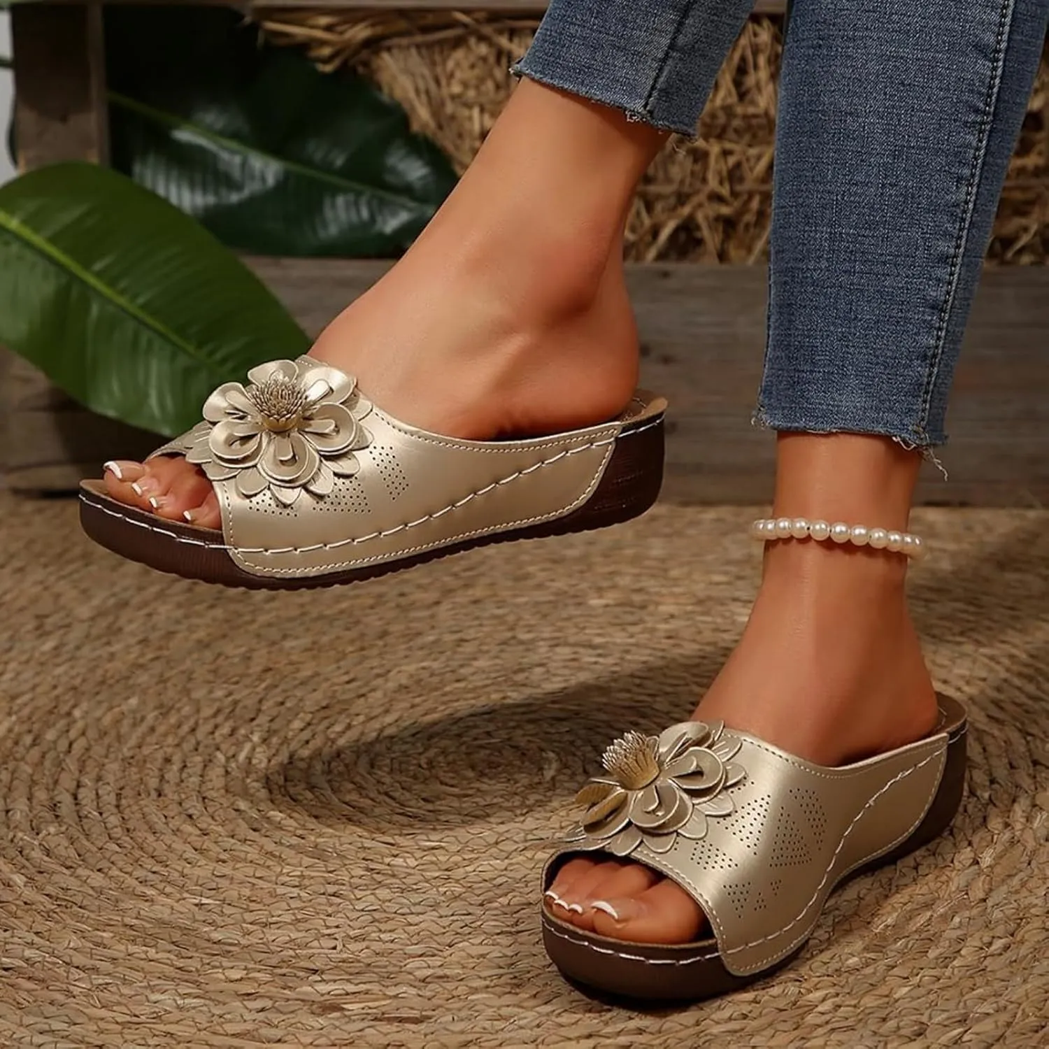 Womens Orthopedic Platform Leather Wedge Shoes Summer Low Wedge Bohemian Leather Breathable Slip On Open Toe Flower Sandals