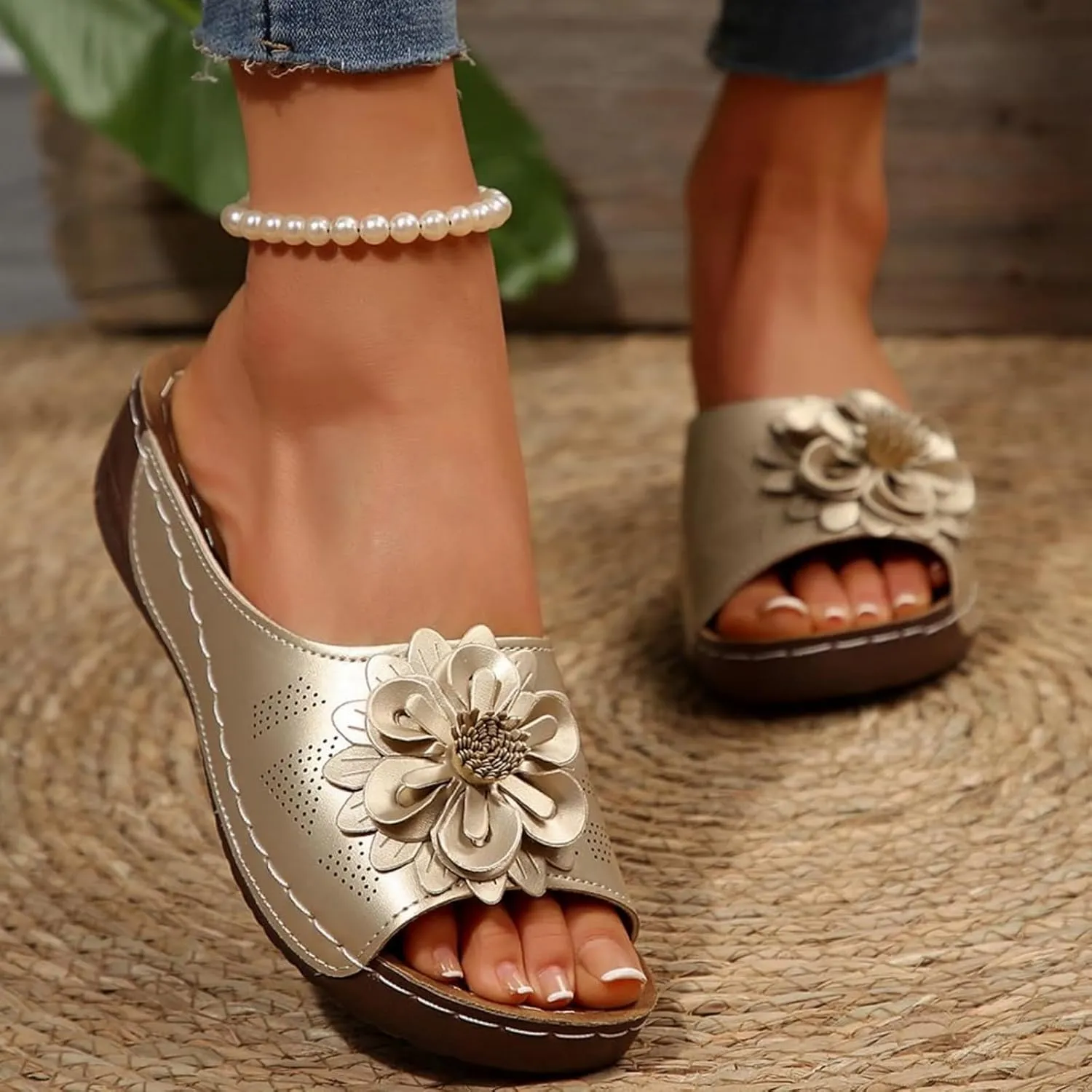 Womens Orthopedic Platform Leather Wedge Shoes Summer Low Wedge Bohemian Leather Breathable Slip On Open Toe Flower Sandals
