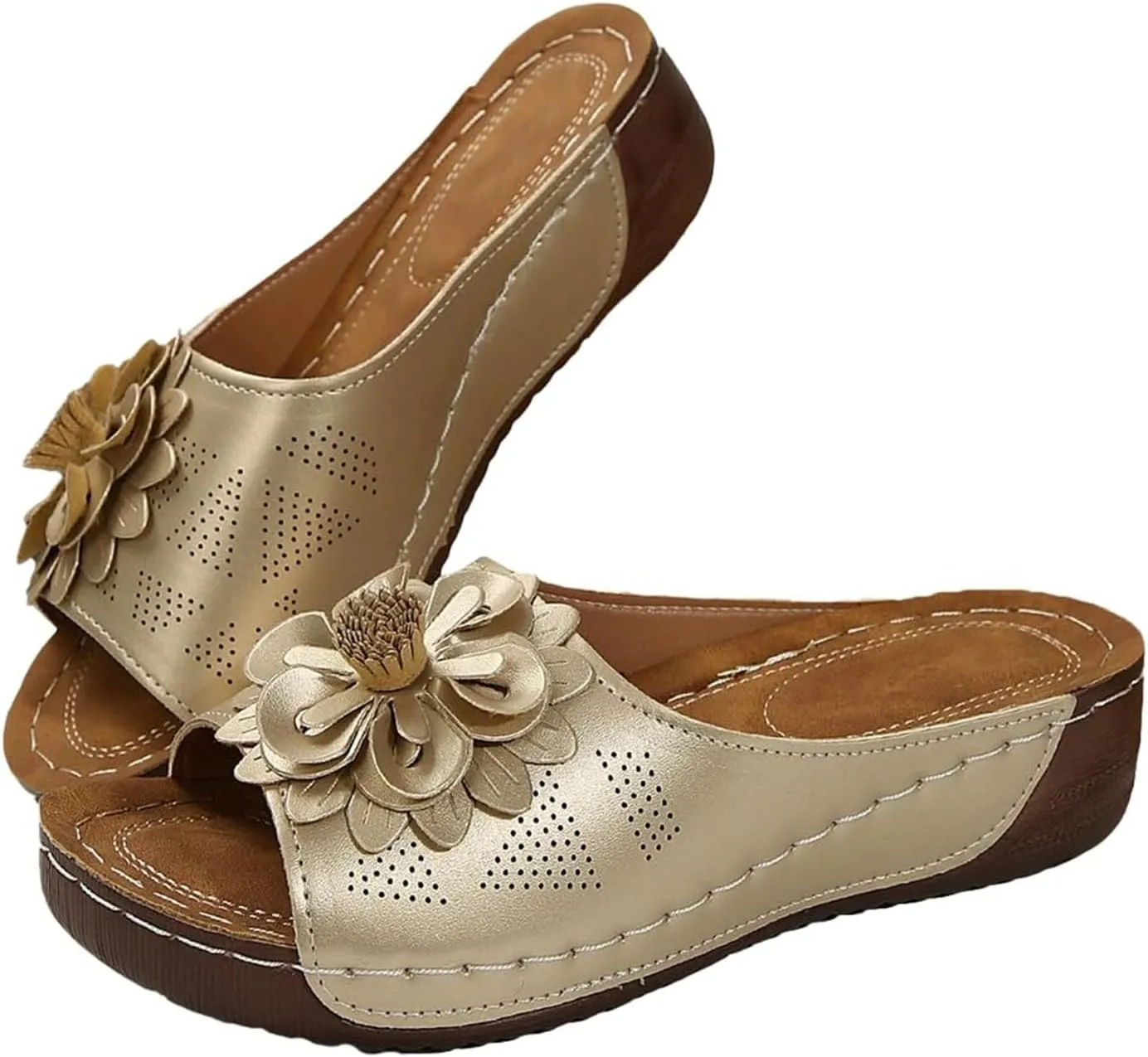 Womens Orthopedic Platform Leather Wedge Shoes Summer Low Wedge Bohemian Leather Breathable Slip On Open Toe Flower Sandals