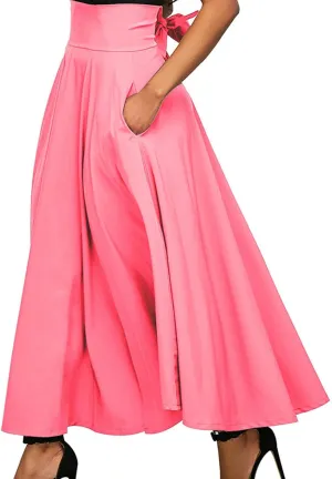 Women's Pleated Long Skirts Classic High Waisted A-Line Swing Skirt Ankle Length Casual Flowy Maxi Skirts with Pockets
