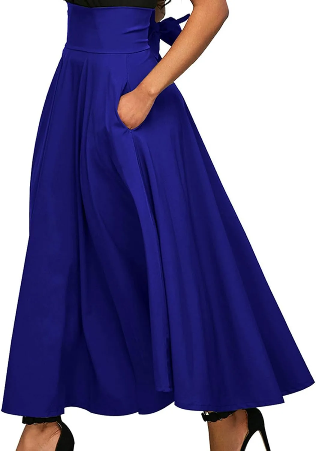Women's Pleated Long Skirts Classic High Waisted A-Line Swing Skirt Ankle Length Casual Flowy Maxi Skirts with Pockets