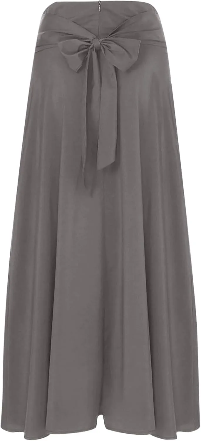 Women's Pleated Long Skirts Classic High Waisted A-Line Swing Skirt Ankle Length Casual Flowy Maxi Skirts with Pockets