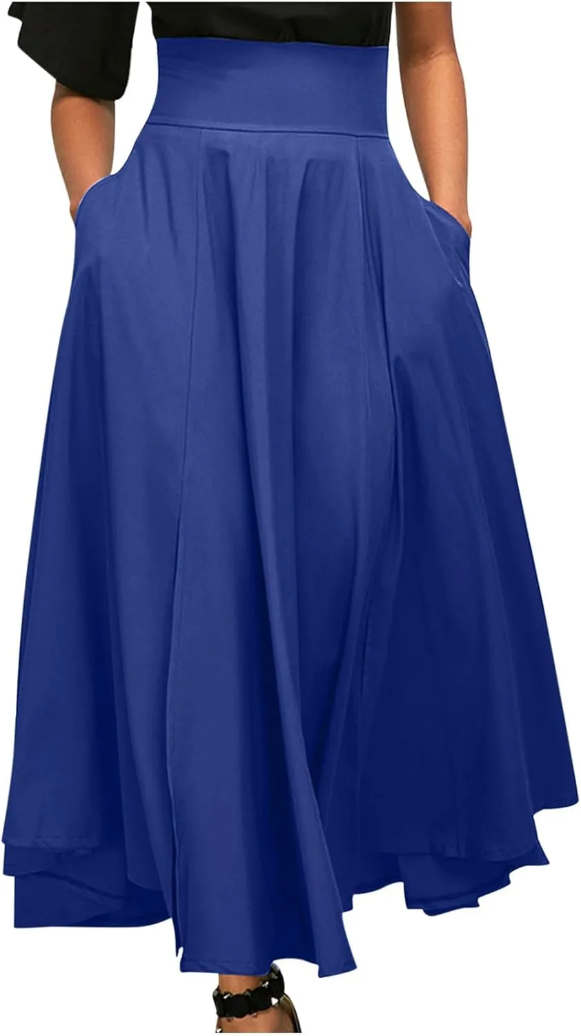 Women's Pleated Long Skirts Classic High Waisted A-Line Swing Skirt Ankle Length Casual Flowy Maxi Skirts with Pockets
