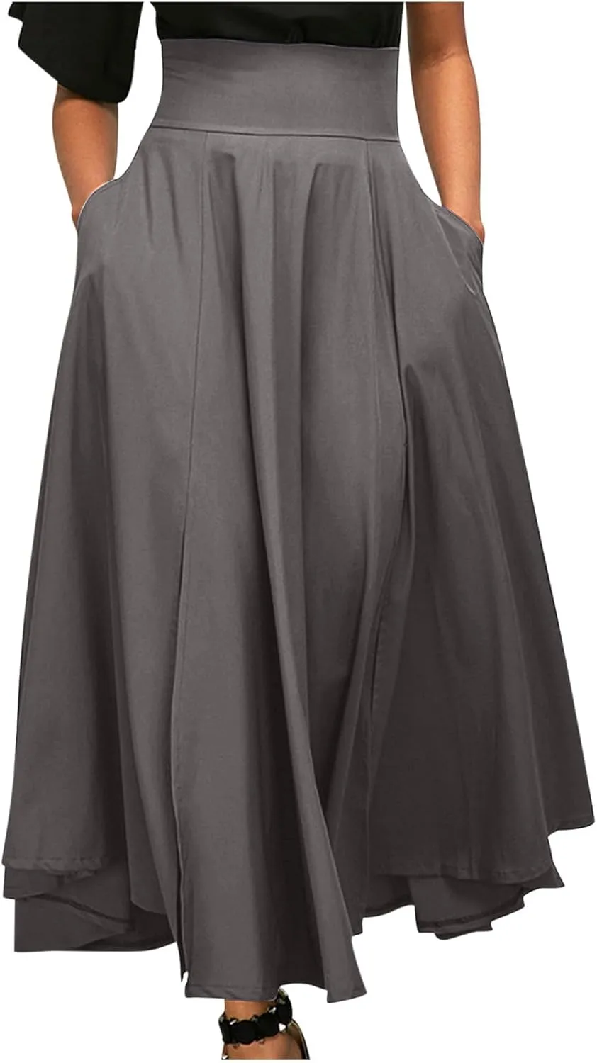 Women's Pleated Long Skirts Classic High Waisted A-Line Swing Skirt Ankle Length Casual Flowy Maxi Skirts with Pockets