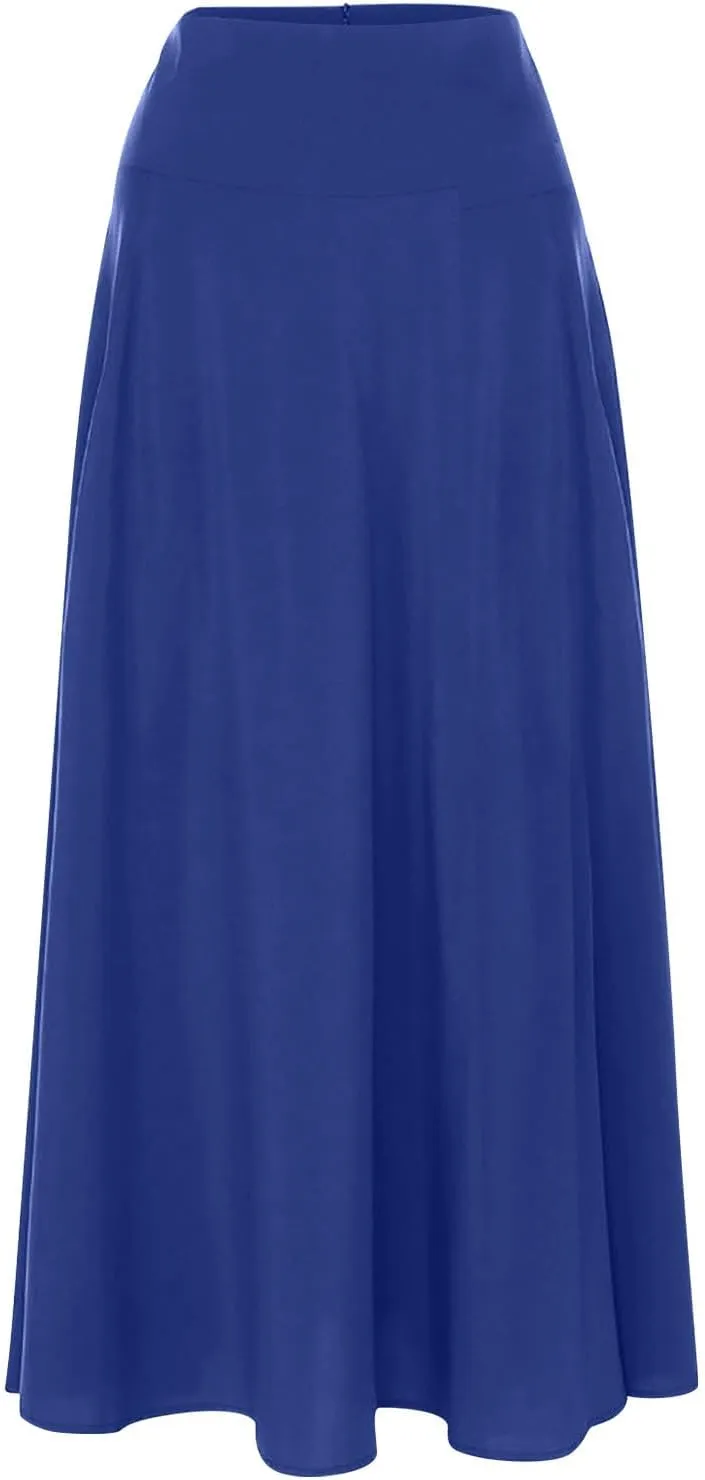Women's Pleated Long Skirts Classic High Waisted A-Line Swing Skirt Ankle Length Casual Flowy Maxi Skirts with Pockets