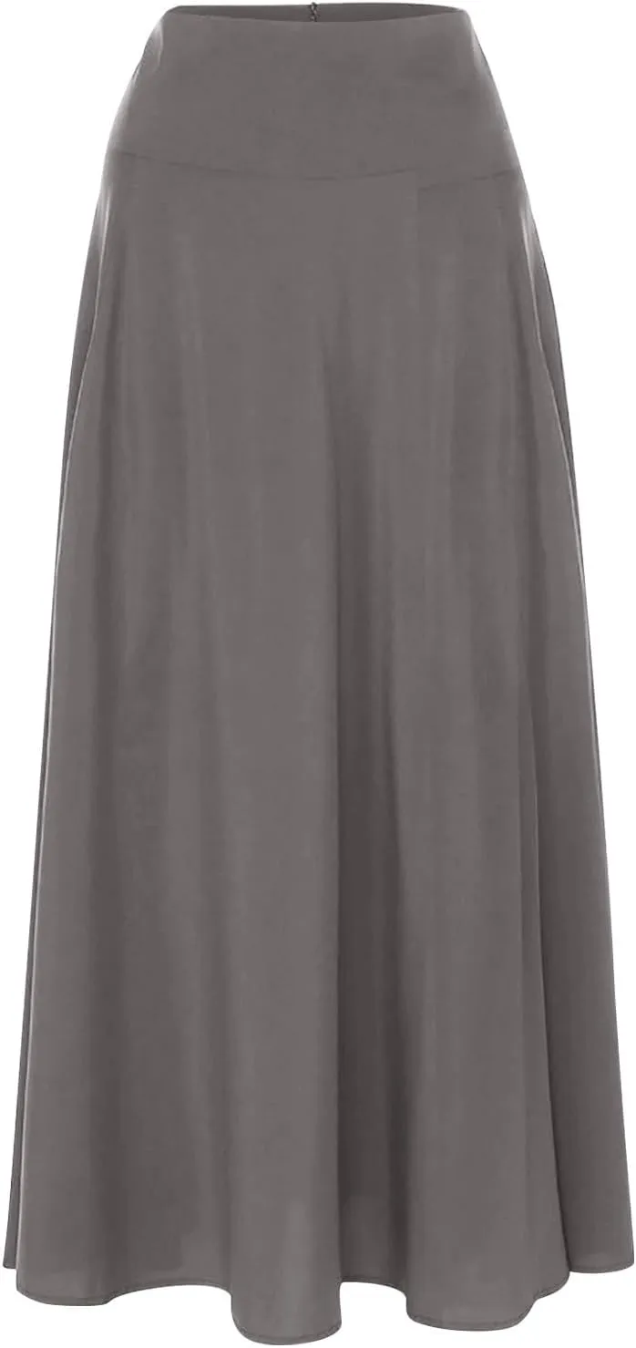 Women's Pleated Long Skirts Classic High Waisted A-Line Swing Skirt Ankle Length Casual Flowy Maxi Skirts with Pockets