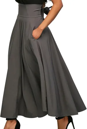 Women's Pleated Long Skirts Classic High Waisted A-Line Swing Skirt Ankle Length Casual Flowy Maxi Skirts with Pockets