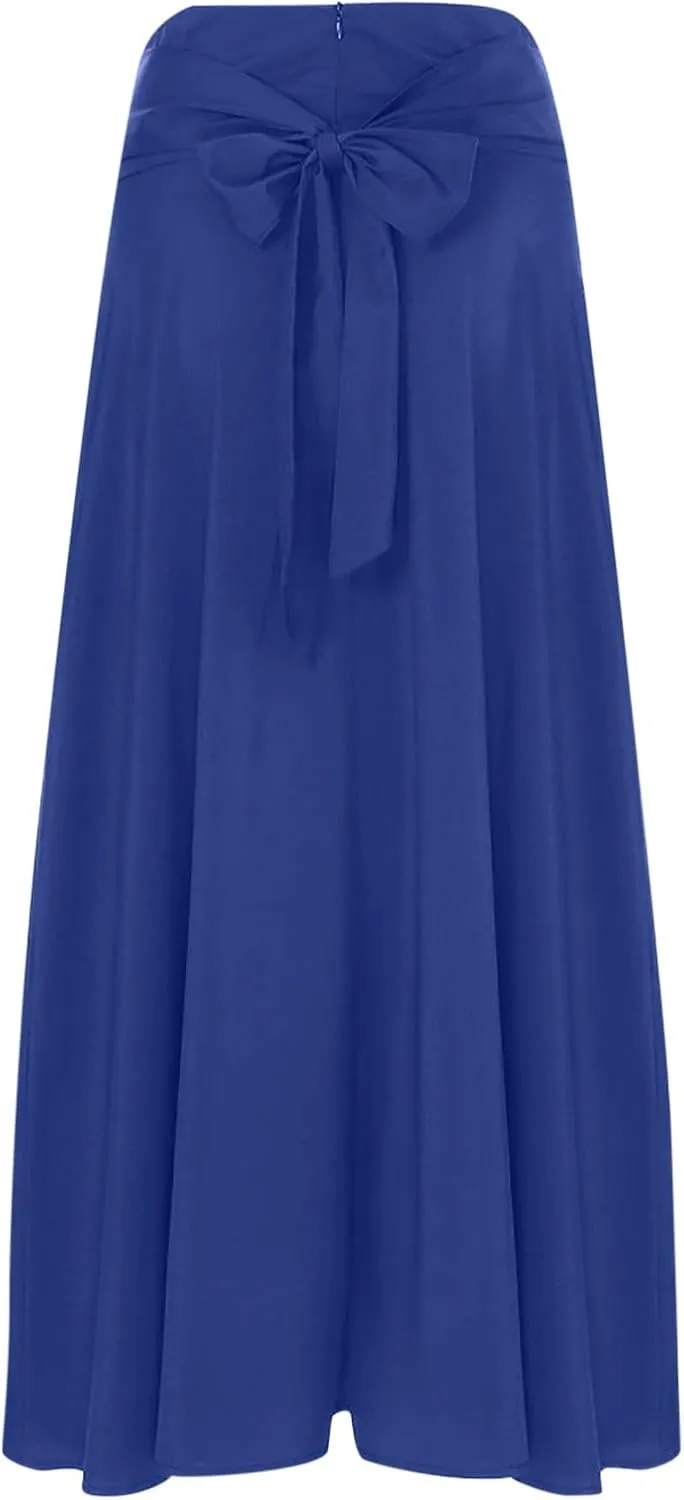 Women's Pleated Long Skirts Classic High Waisted A-Line Swing Skirt Ankle Length Casual Flowy Maxi Skirts with Pockets