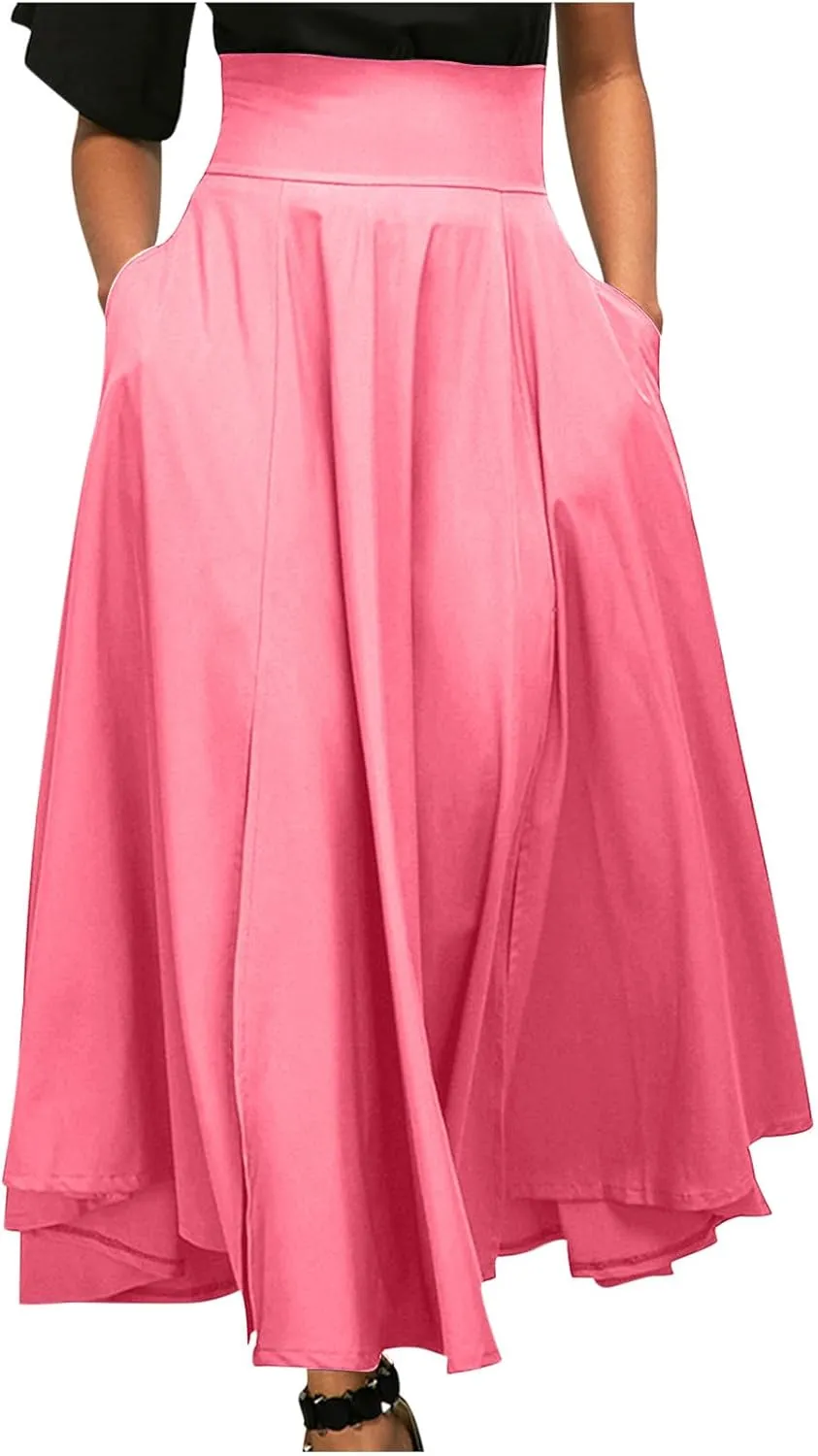 Women's Pleated Long Skirts Classic High Waisted A-Line Swing Skirt Ankle Length Casual Flowy Maxi Skirts with Pockets