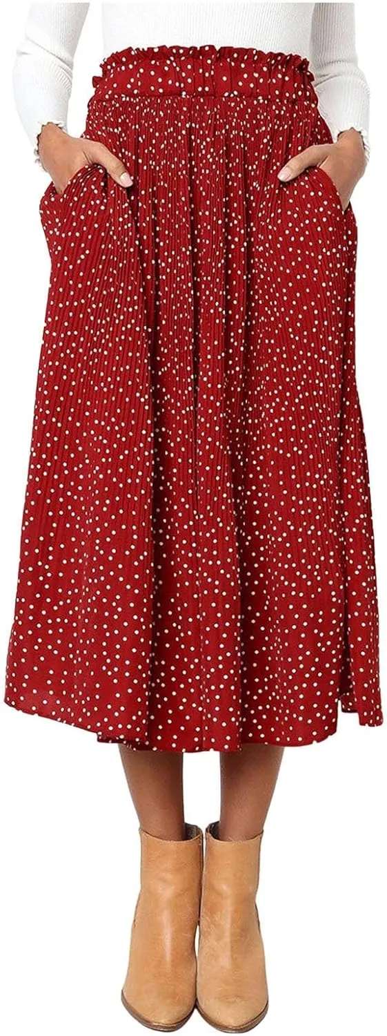 Womens Pleated Midi Skirts Flowy Boho A Line Long Skirts Casual High Elastic Waist Summer Swing Skirts with
