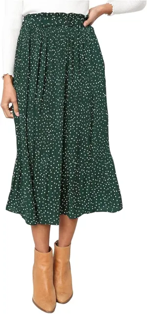 Womens Pleated Midi Skirts Flowy Boho A Line Long Skirts Casual High Elastic Waist Summer Swing Skirts with