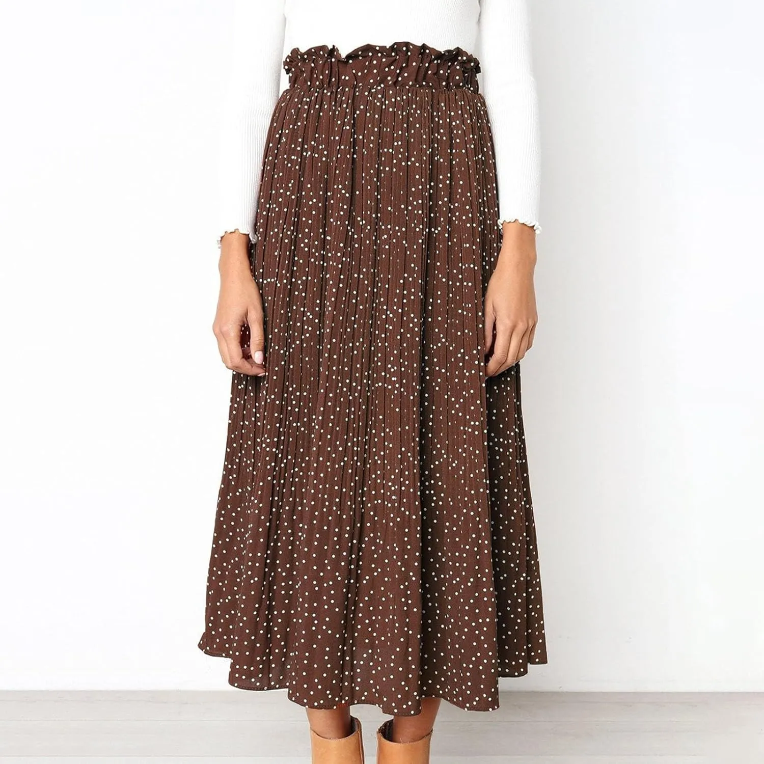 Womens Pleated Midi Skirts Flowy Boho A Line Long Skirts Casual High Elastic Waist Summer Swing Skirts with