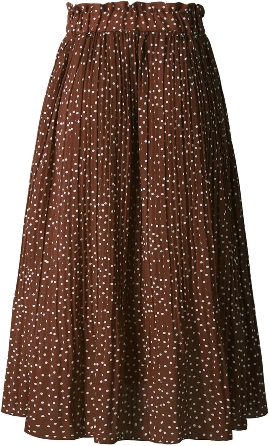Womens Pleated Midi Skirts Flowy Boho A Line Long Skirts Casual High Elastic Waist Summer Swing Skirts with