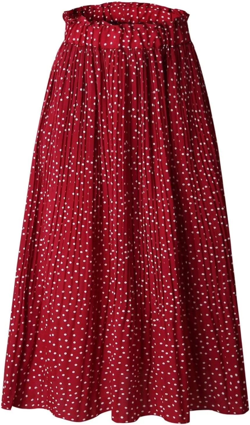 Womens Pleated Midi Skirts Flowy Boho A Line Long Skirts Casual High Elastic Waist Summer Swing Skirts with