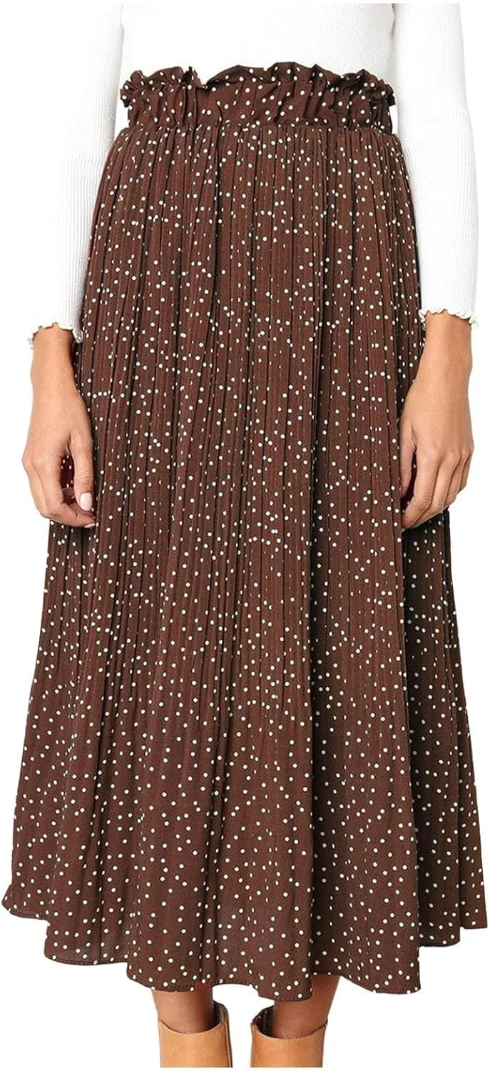 Womens Pleated Midi Skirts Flowy Boho A Line Long Skirts Casual High Elastic Waist Summer Swing Skirts with