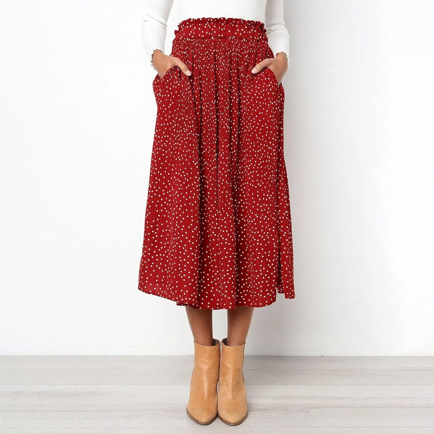 Womens Pleated Midi Skirts Flowy Boho A Line Long Skirts Casual High Elastic Waist Summer Swing Skirts with