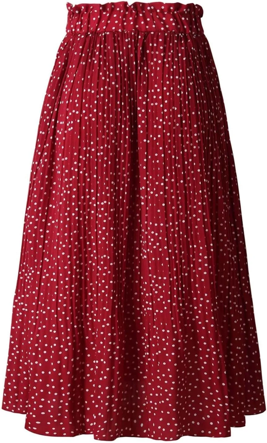 Womens Pleated Midi Skirts Flowy Boho A Line Long Skirts Casual High Elastic Waist Summer Swing Skirts with