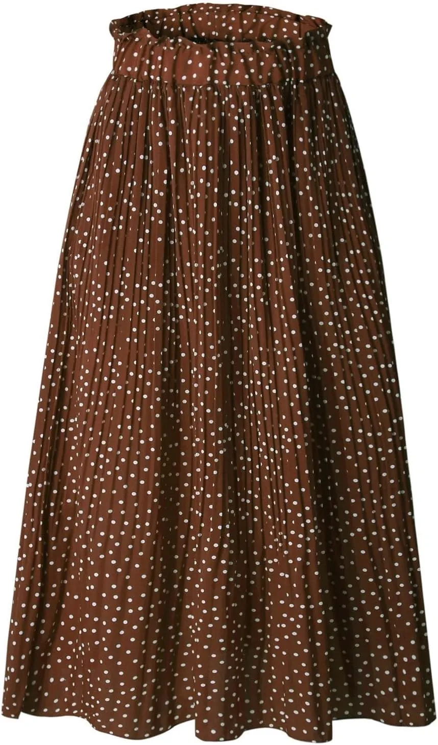 Womens Pleated Midi Skirts Flowy Boho A Line Long Skirts Casual High Elastic Waist Summer Swing Skirts with