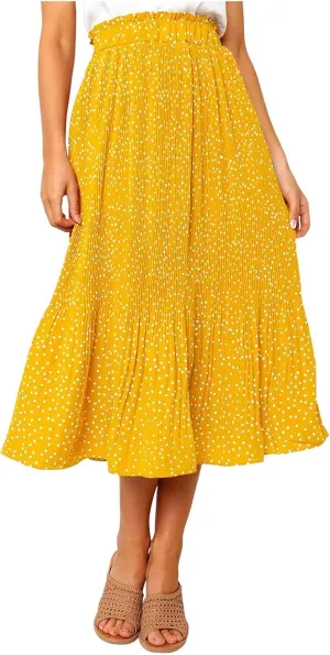 Womens Pleated Midi Skirts Flowy Boho A Line Long Skirts Casual High Elastic Waist Summer Swing Skirts with