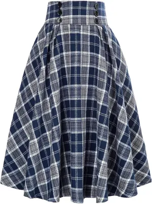 Womens Retro High Waist Elastic Maxi Skirt Casual Buttons A-line Plaid Ruffle Versatile Pleated Flare Midi Skirts