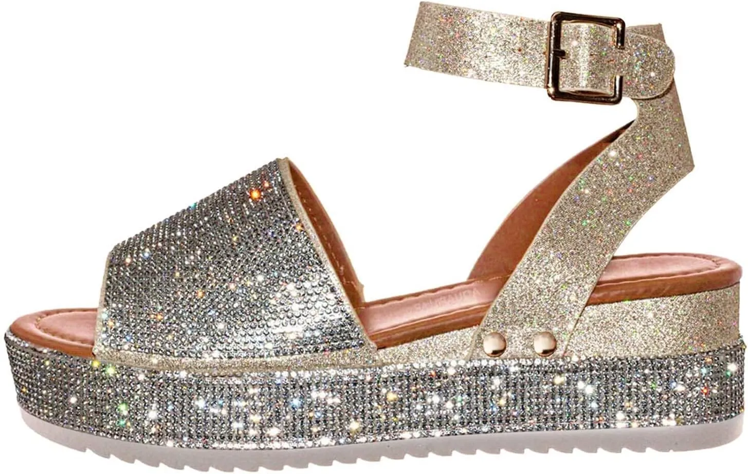 Womens Rhinestones Platform Sandals Summer Casual Buckle Ankle Strap Buckle Open Toe Sandals Dress Shoes
