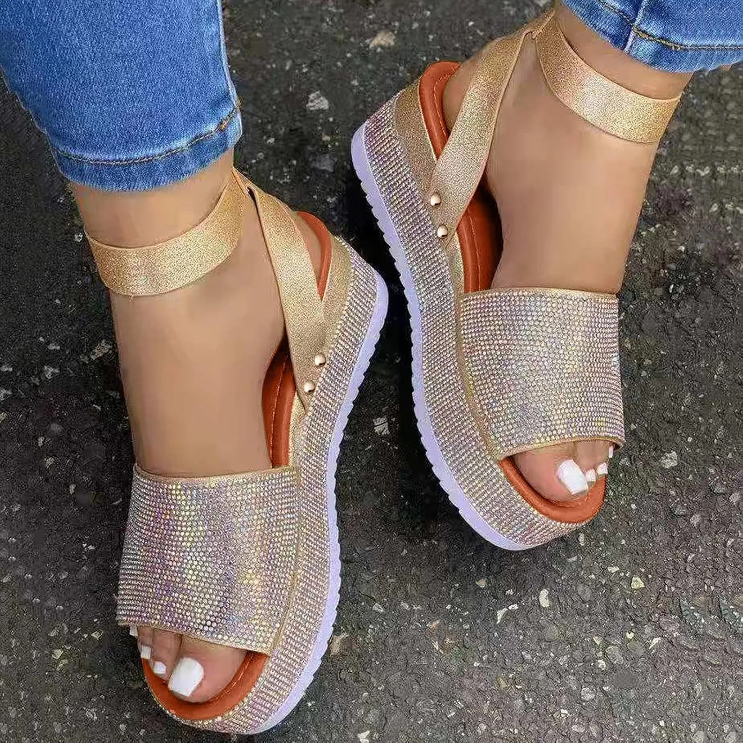 Womens Rhinestones Platform Sandals Summer Casual Buckle Ankle Strap Buckle Open Toe Sandals Dress Shoes