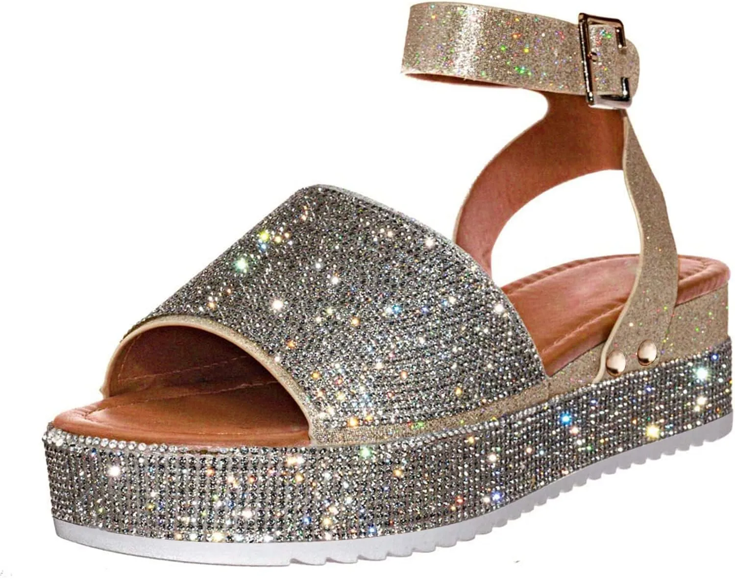 Womens Rhinestones Platform Sandals Summer Casual Buckle Ankle Strap Buckle Open Toe Sandals Dress Shoes