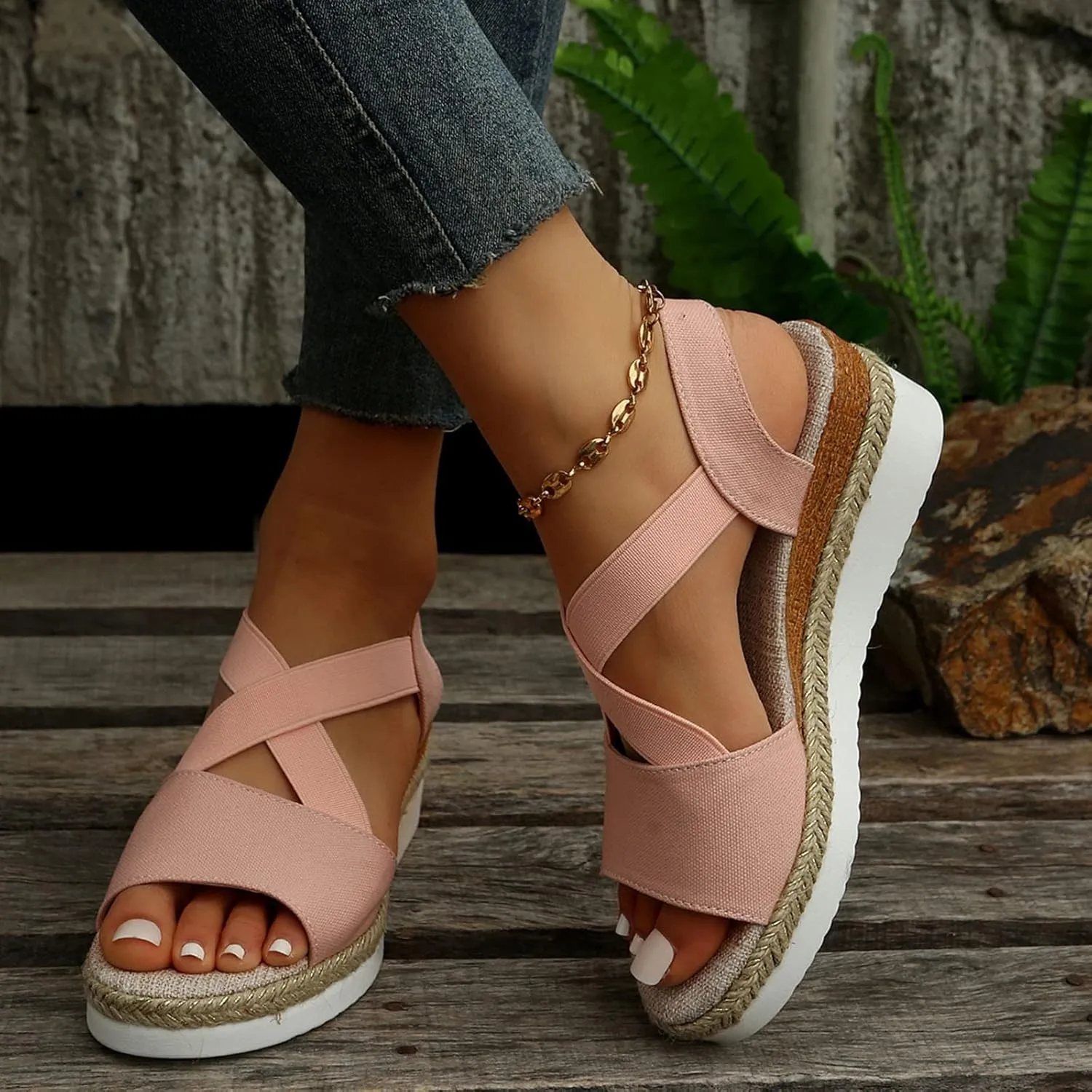 Women's Sandals 2024, Dressy Platform Wedges Espadrilles Open Toe Sandals Ankle Strap Slip On Orthopedic Sandals