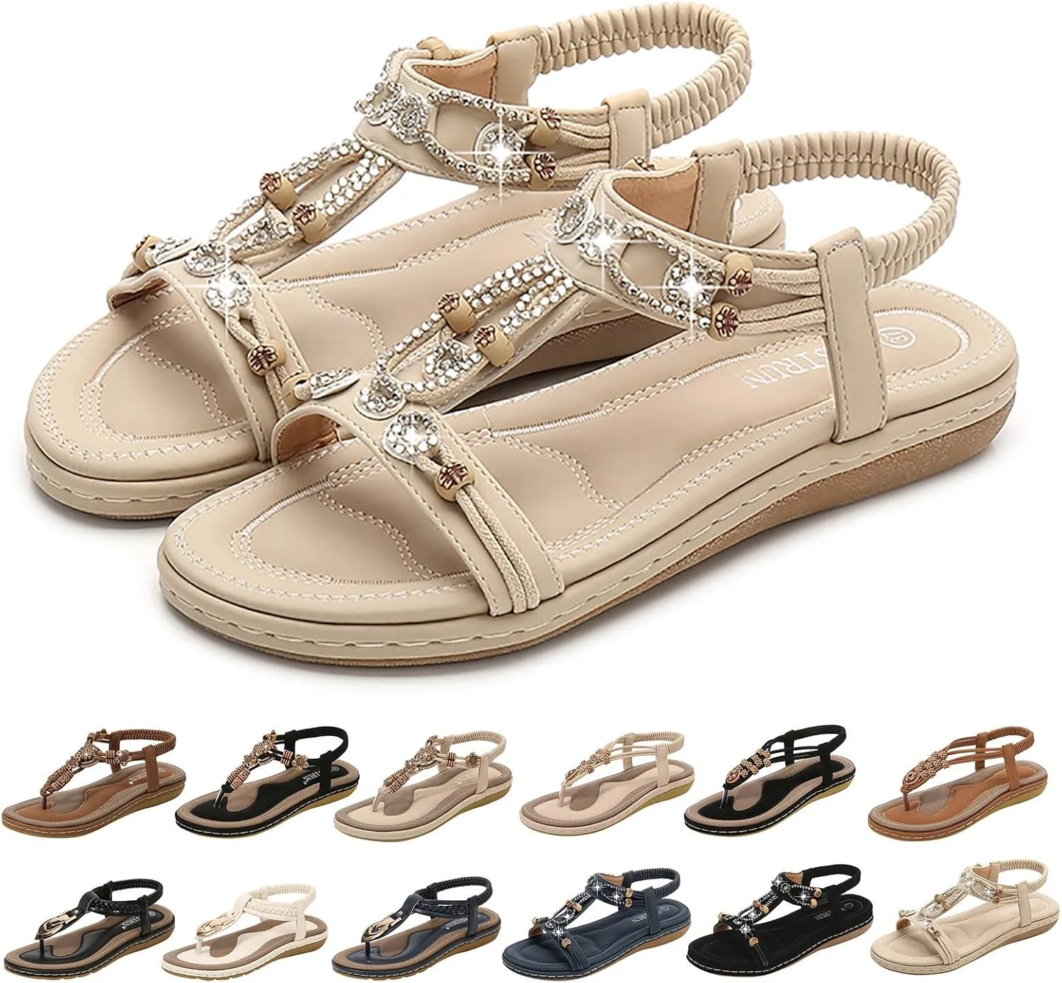 Women's Sandals Arch Support Sandals T-Strap Bohemian Beaded Flat Sandals Summer Beach Shoes Elastic Ankle Strap Sandal