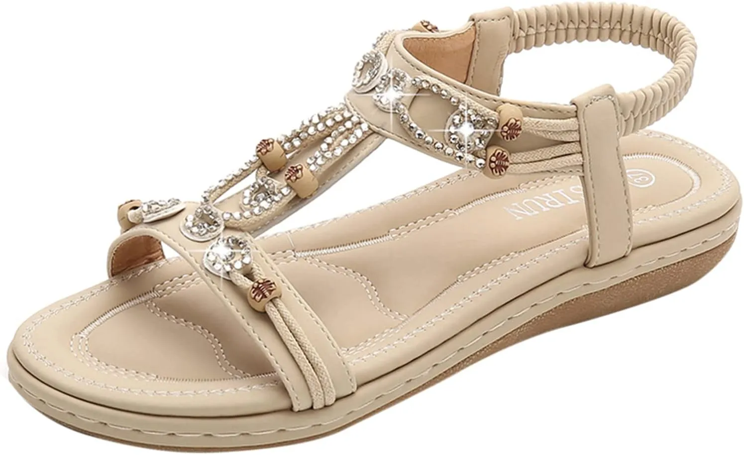 Women's Sandals Arch Support Sandals T-Strap Bohemian Beaded Flat Sandals Summer Beach Shoes Elastic Ankle Strap Sandal