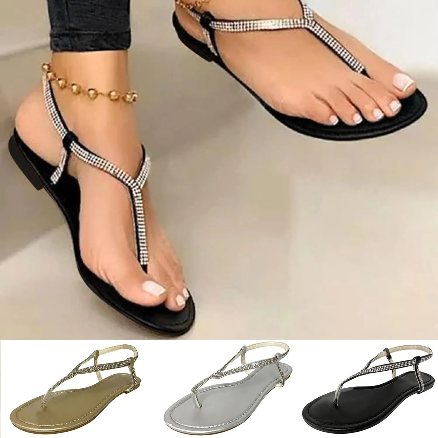 Women's Sandals Rhinestone Flat Summer Shoes T-Strap Thong Bohemian Casual Dressy Comfortable Sandals for Women
