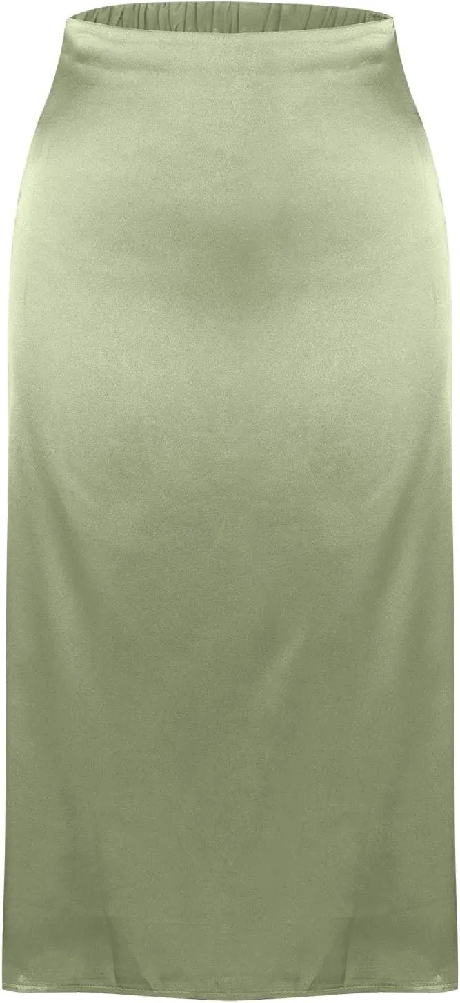 Womens Silk Midi Skirts Summer High Waisted A Line Satin Mermaid Skirt Elegant Work Skirt