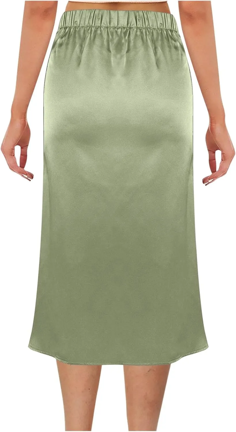 Womens Silk Midi Skirts Summer High Waisted A Line Satin Mermaid Skirt Elegant Work Skirt