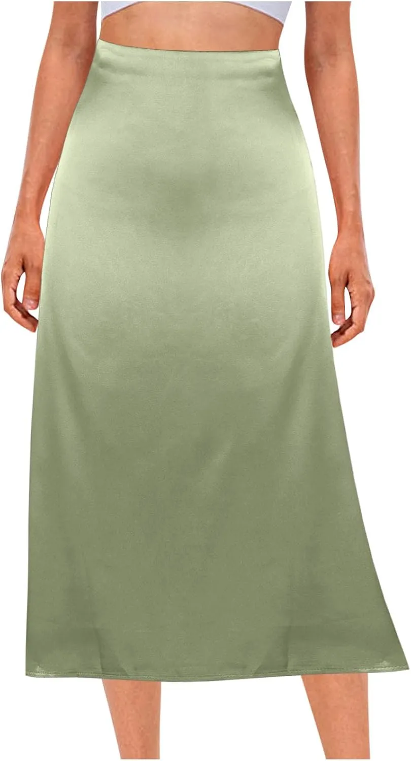 Womens Silk Midi Skirts Summer High Waisted A Line Satin Mermaid Skirt Elegant Work Skirt