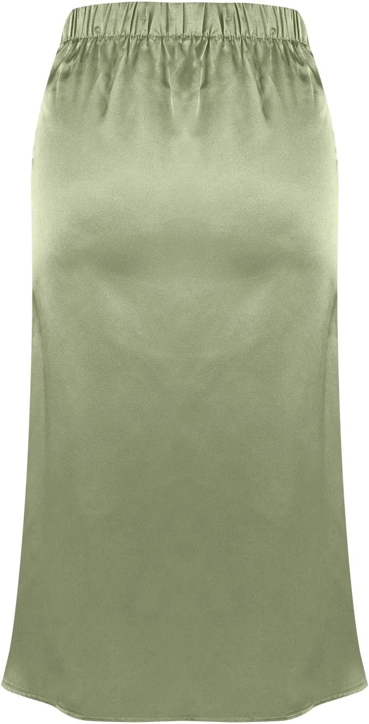 Womens Silk Midi Skirts Summer High Waisted A Line Satin Mermaid Skirt Elegant Work Skirt