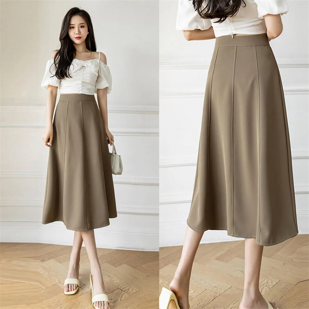 Women's Skirts High Waist Stitching Pleated Midi Skirts Elegant A-Line Skirt Comfortable Loose Women Skirt