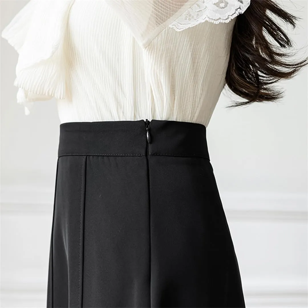 Women's Skirts High Waist Stitching Pleated Midi Skirts Elegant A-Line Skirt Comfortable Loose Women Skirt
