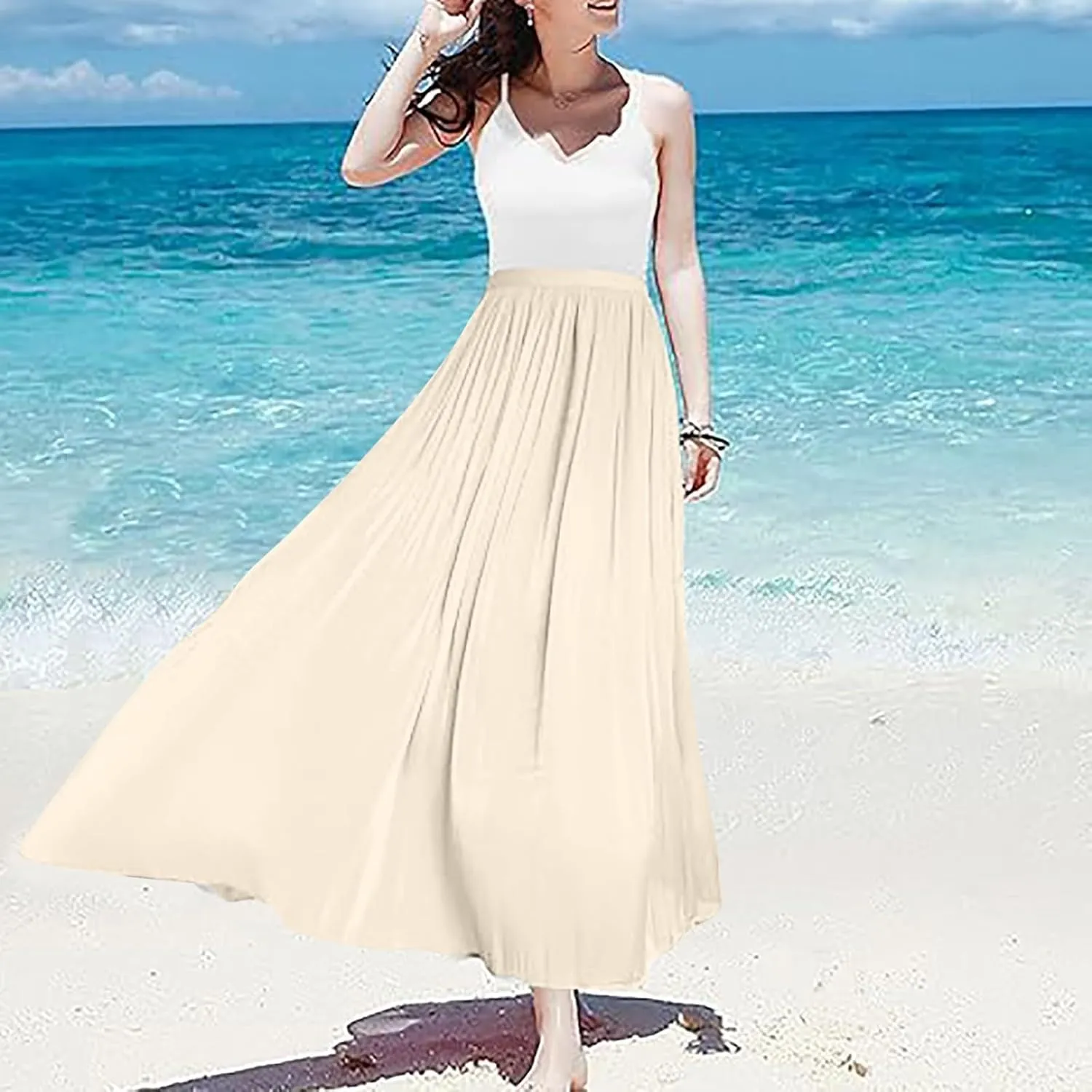 Women's Skirts Women's Metallic Shiny Maxi Skirts Lightweight Silky Flowy Skirt for Summer Beach Holiday