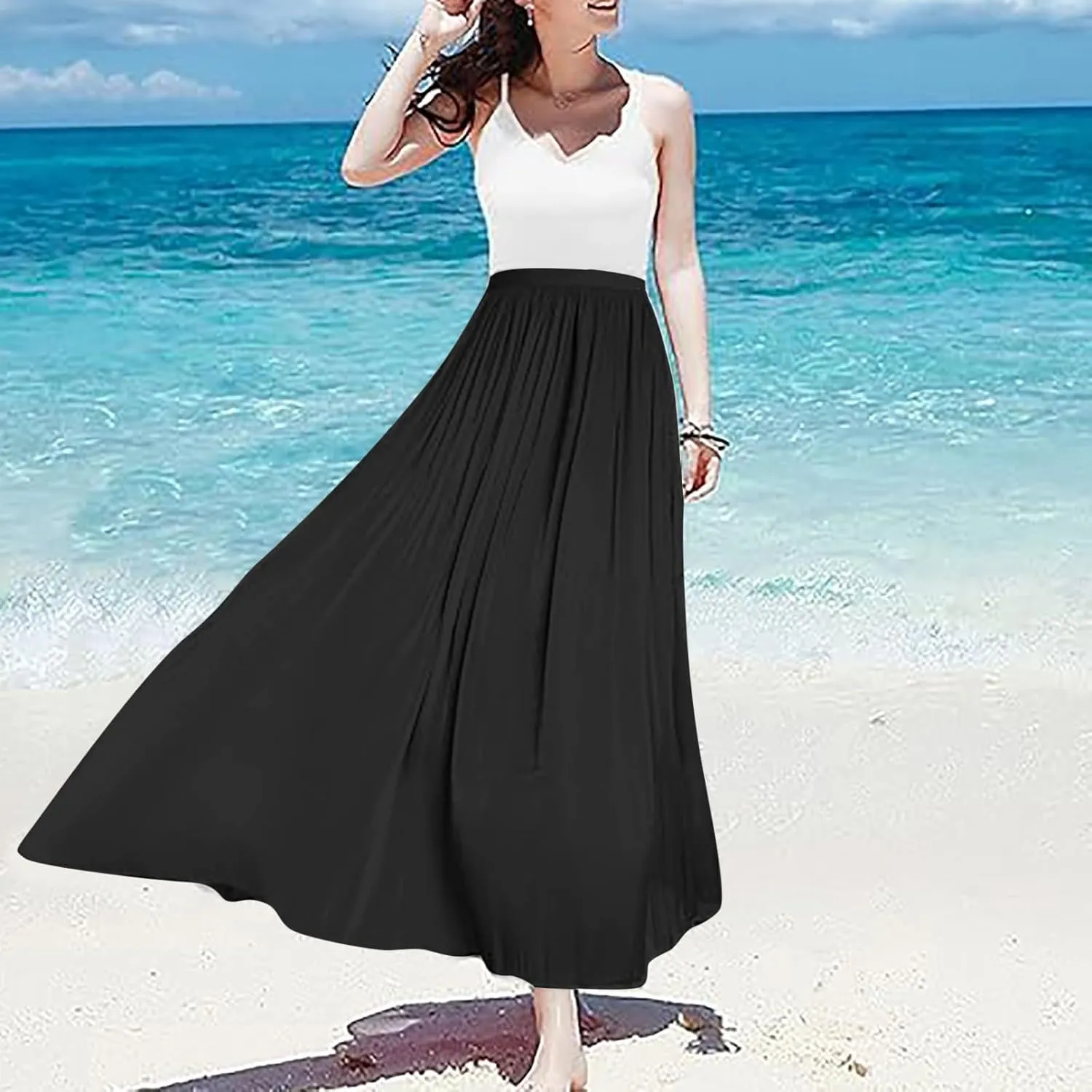 Women's Skirts Women's Metallic Shiny Maxi Skirts Lightweight Silky Flowy Skirt for Summer Beach Holiday