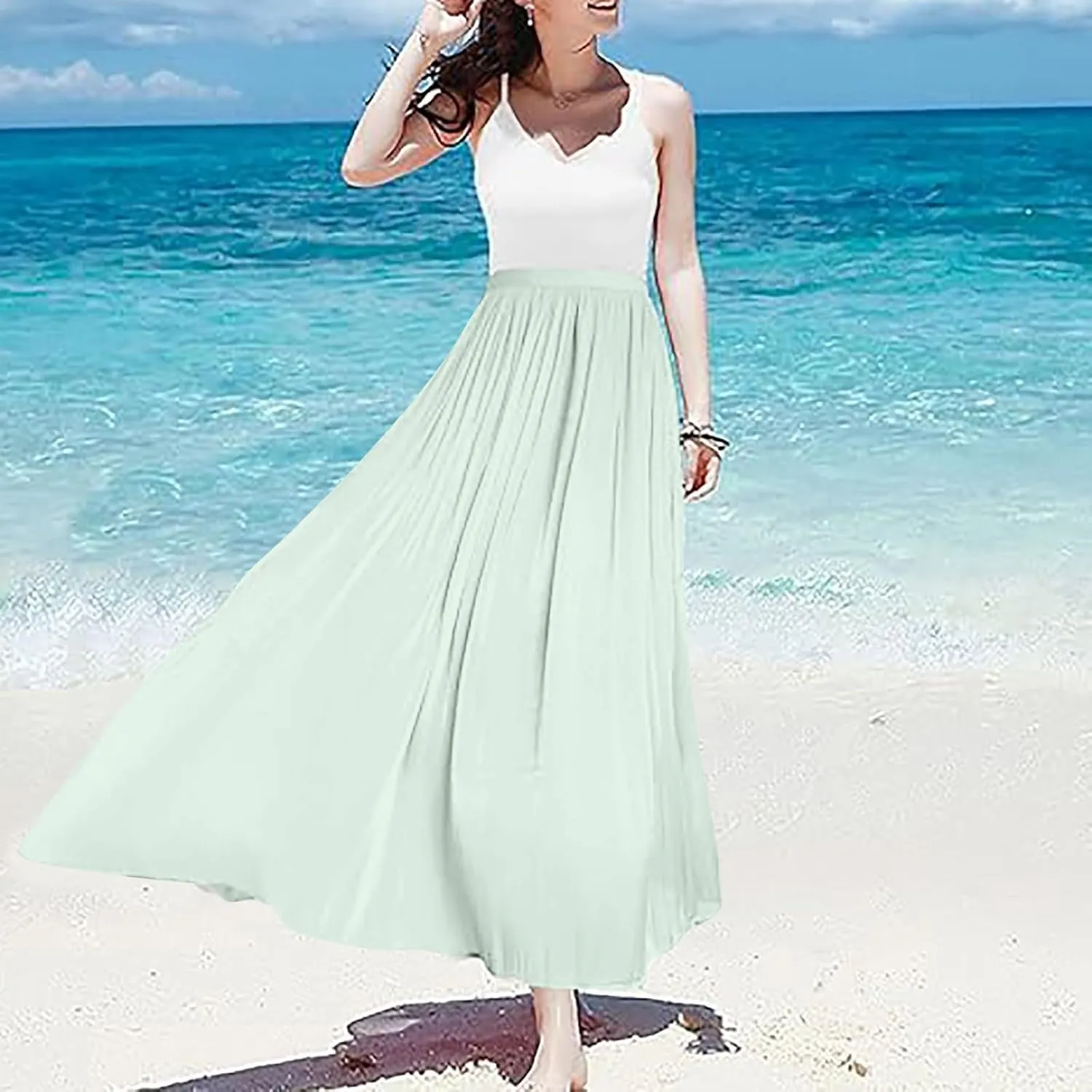 Women's Skirts Women's Metallic Shiny Maxi Skirts Lightweight Silky Flowy Skirt for Summer Beach Holiday