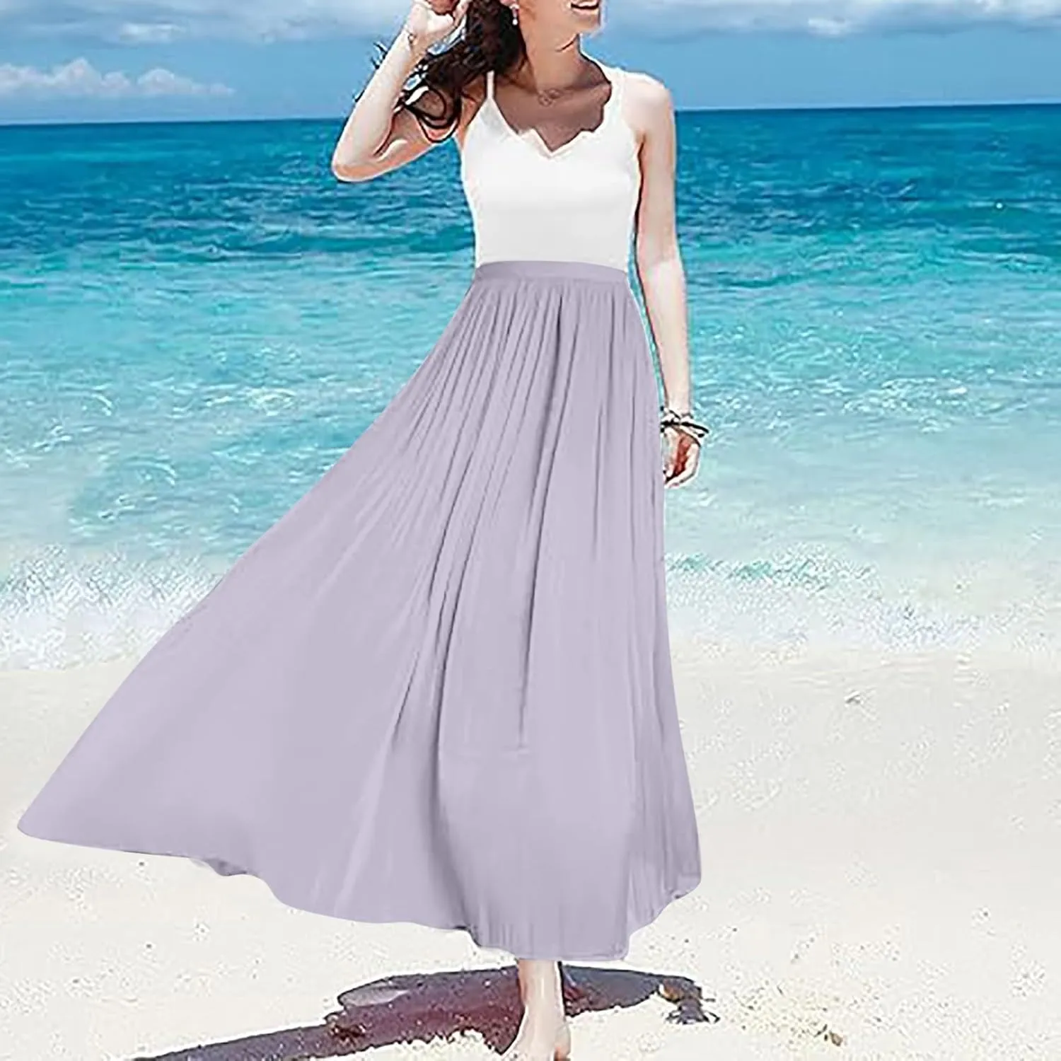 Women's Skirts Women's Metallic Shiny Maxi Skirts Lightweight Silky Flowy Skirt for Summer Beach Holiday