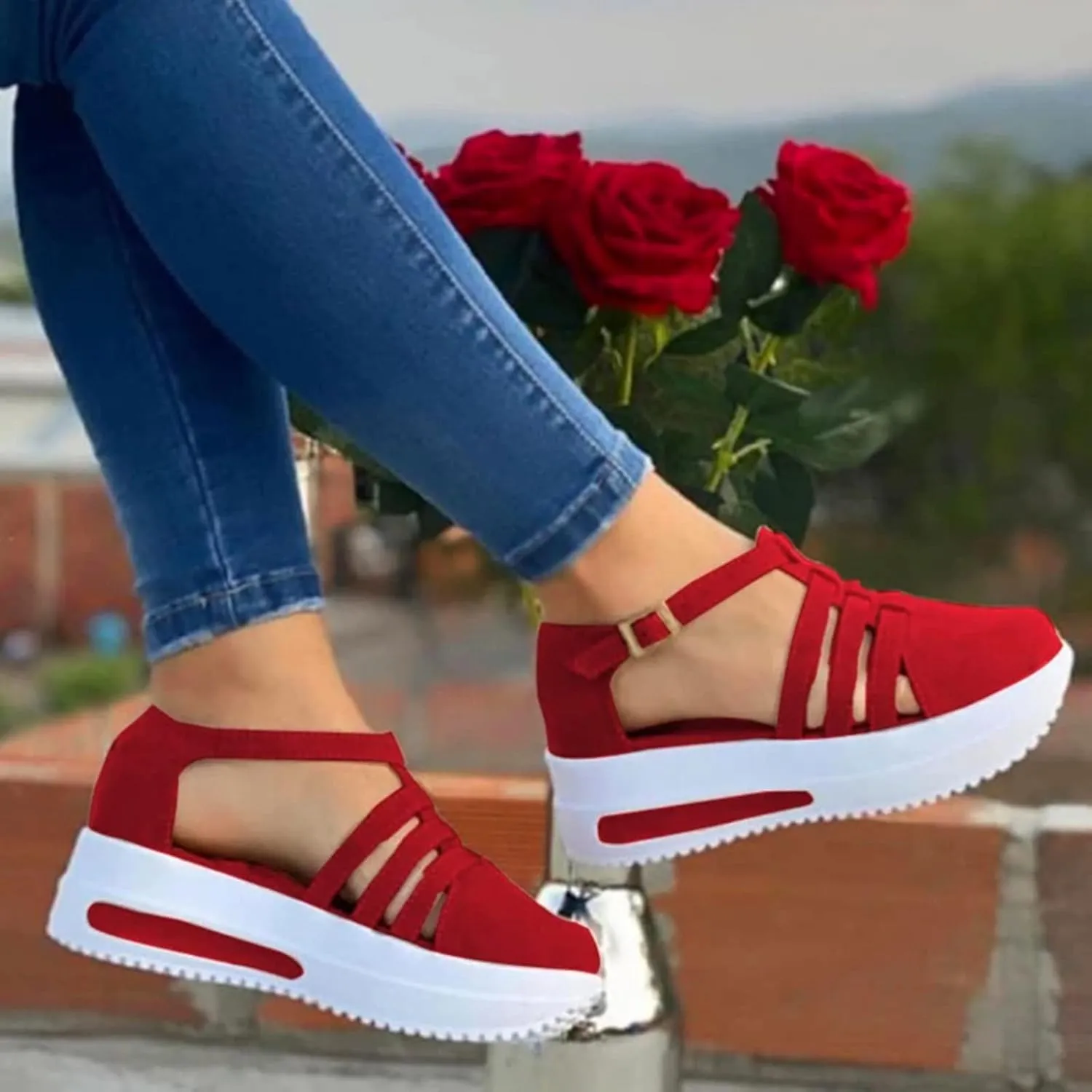 Women's Slip-on Platform Sandals Dressy Summer Closed ToeSandals Ankle Strap Walking Shoes Canvas Orthopedic Sandals