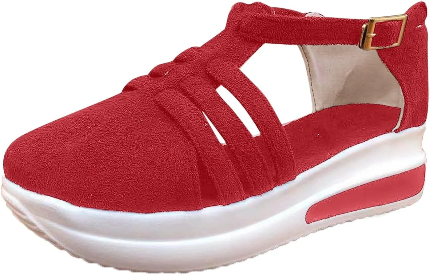 Women's Slip-on Platform Sandals Dressy Summer Closed ToeSandals Ankle Strap Walking Shoes Canvas Orthopedic Sandals