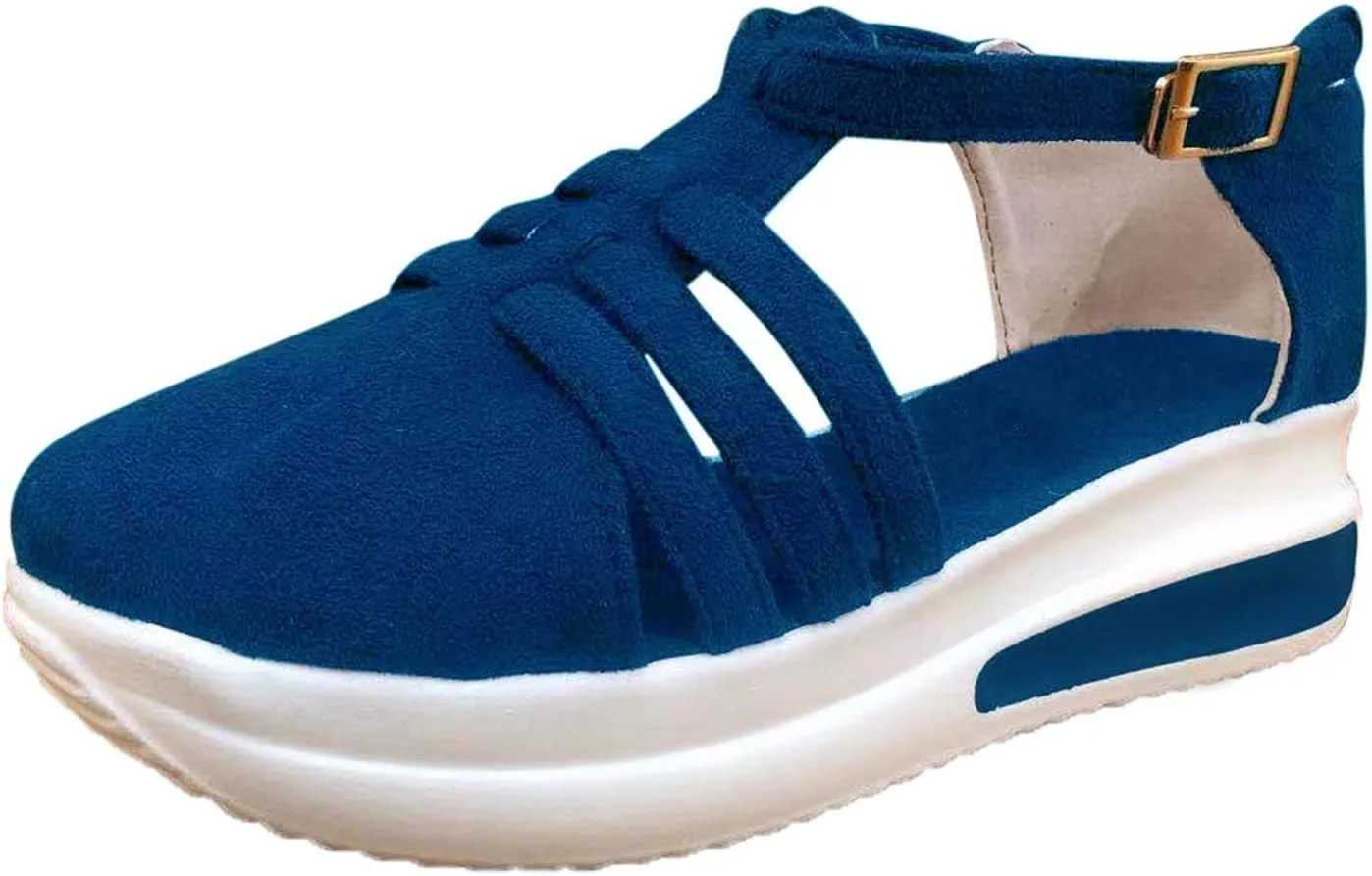 Women's Slip-on Platform Sandals Dressy Summer Closed ToeSandals Ankle Strap Walking Shoes Canvas Orthopedic Sandals