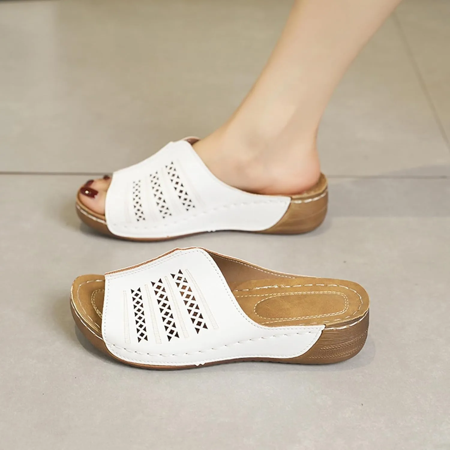 Women's Slippers Summer Thick Wedge Heel Orthopedic Retro Hollow Breathable Sandals Commuting Womens Leather