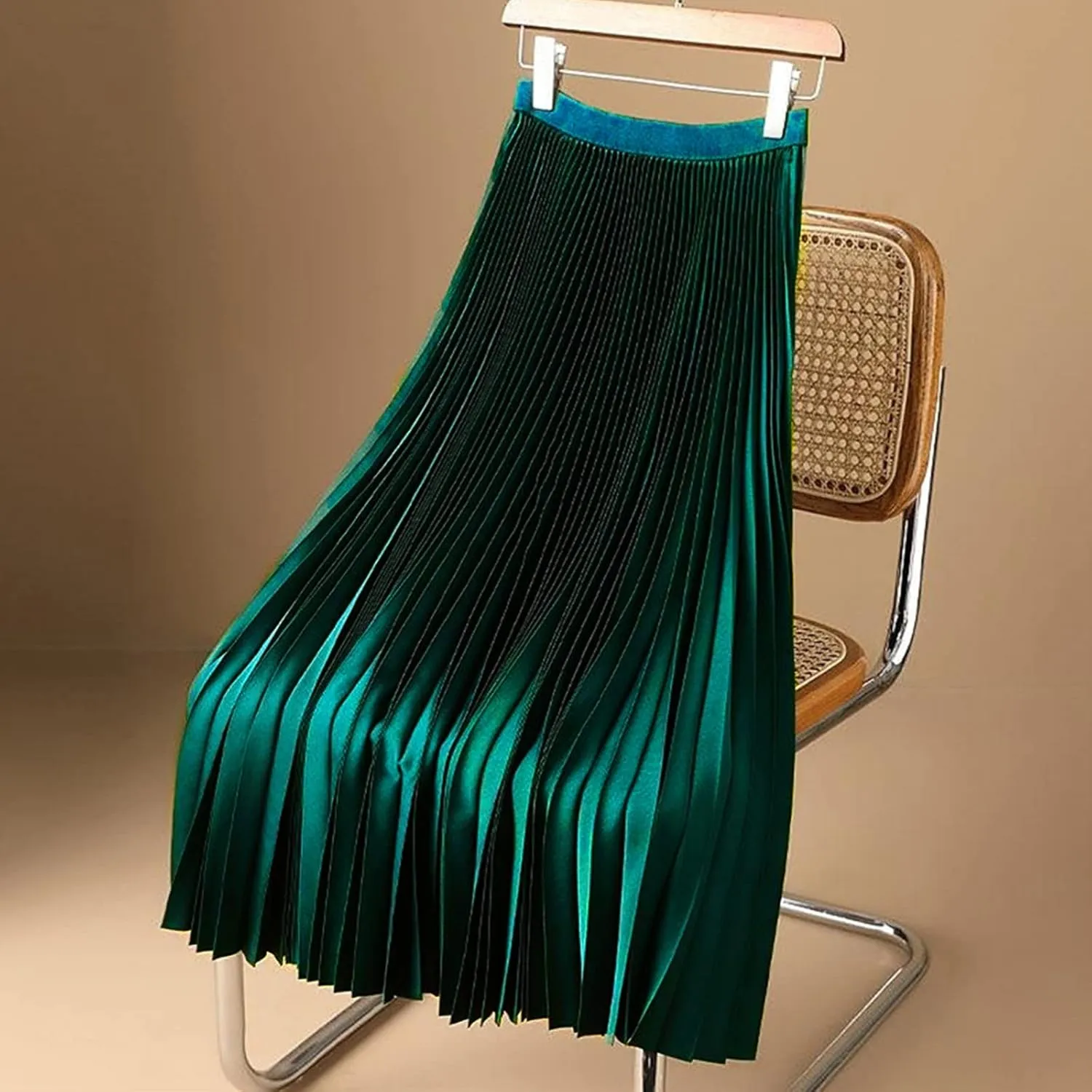 Women's Stain Skirts Fashion Pleated Classic Trending Skirt Silk Smooth Summer Skirt A Line Flowy Baggy Skirt