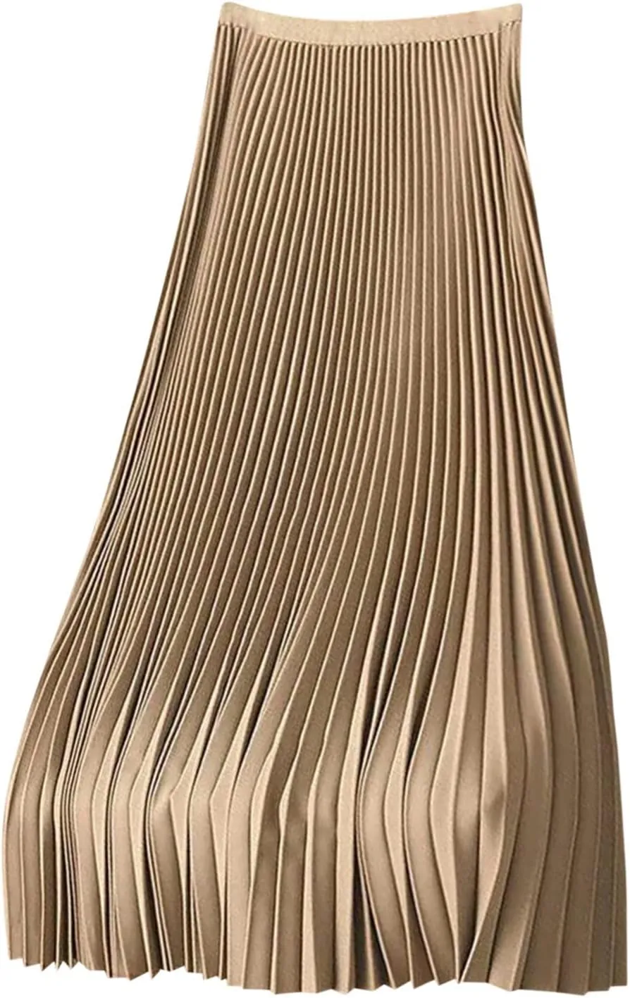 Women's Stain Skirts Fashion Pleated Classic Trending Skirt Silk Smooth Summer Skirt A Line Flowy Baggy Skirt