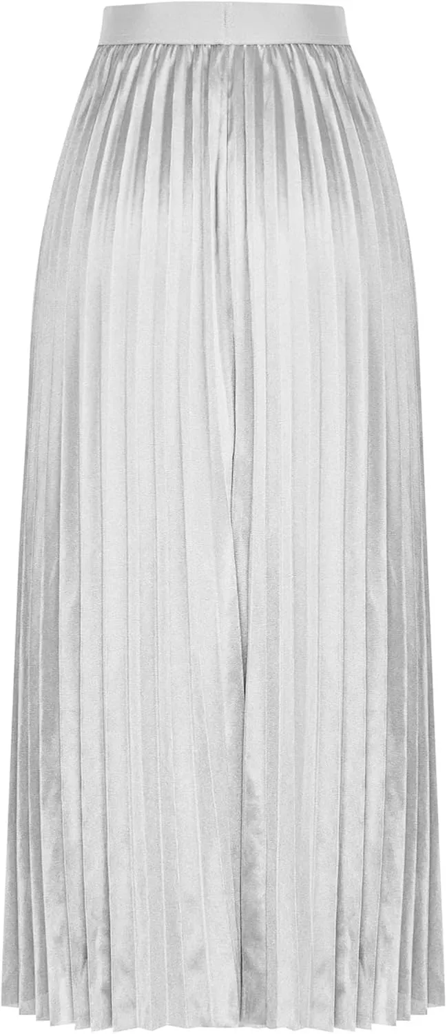 Women's Stain Skirts Fashion Pleated Classic Trending Skirt Silk Smooth Summer Skirt A Line Flowy Baggy Skirt