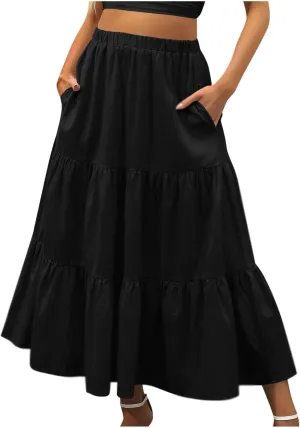 Womens Summer Casual Beach Skirts Elastic Waist Pleated A-Line Flowy Skirt with Pocket Basic Solid Midi Skirt